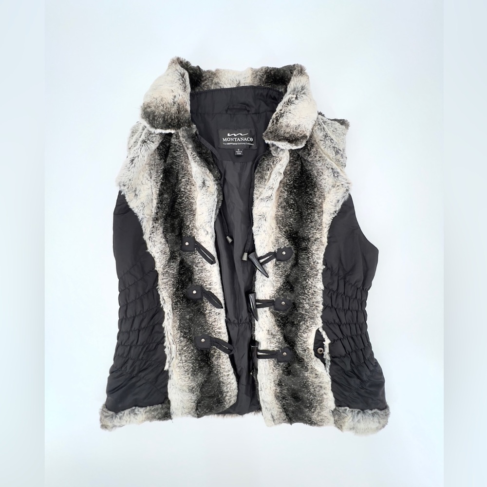 MontanaCo Women's Faux Fur Vest - Black, Grey Size Small Ski Bunny Winter Layer